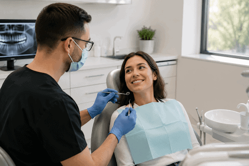 Dentist performing a routine dental checkup for a patient in London